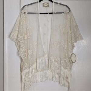 Skönhet Sheer Embroidered Lace Fringe Kimono Cardigan NWT Ivory Medium